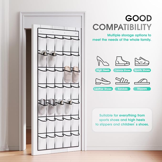 WVM Over the Door Shoe Organizer with 35 Breathable Mesh Pockets, Hanging Shoe Organizer for Door with 4 Metal Hooks, Large Capacity Closet Storage for Shoes, Accessories, White - Image 2
