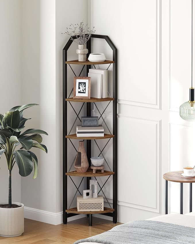CHOEZON 59.4" Corner Shelf, 5-Tier Industrial Corner Bookshelf, Corner Storage Stand, Plant Stand Display Shelf, Bookcase for Bedroom, Living Room, Home Office, Rustic Brown and Black TCJ10BF by Choezon