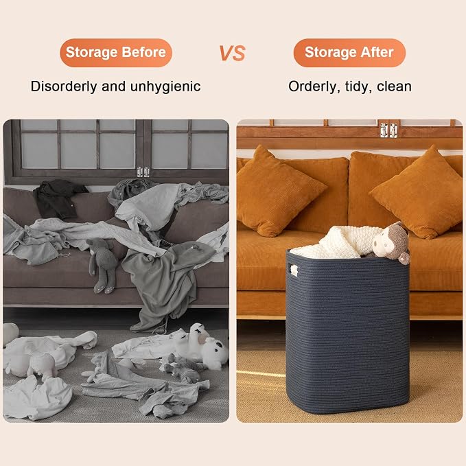 OIAHOMY Laundry Hamper, Laundry Basket，Rectangle Cotton Large Blanket Storage Basket for Living room,Bedroom Woven Decorative Storage for Toys,Clothes,Pillows-16x13x22in-Blue - Image 6