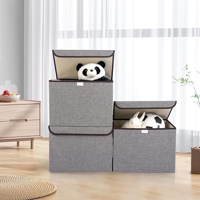 Bagnizer Large 22 Quart Linen Fabric Foldable Storage Bin Cube Organizer Basket with Flip-Top Lid & Handles, Clothes Blanket Box for Home, Office, Closet, Gray, 4 Pack 14.6 x 9.5 x 9.5” - Image 7