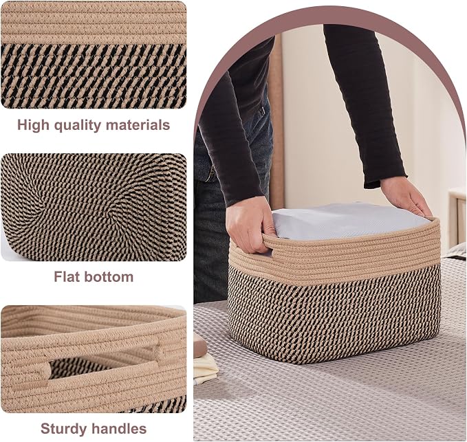 OIAHOMY 4 Pack Storage Baskets for Organizing, Basket for Shelves with Handle, Woven Baskets for Storage Toys, Towels, Books, Cotton Rope Basket 13" L x 9 " W x 7.8 " H, Brown & Black - Image 3