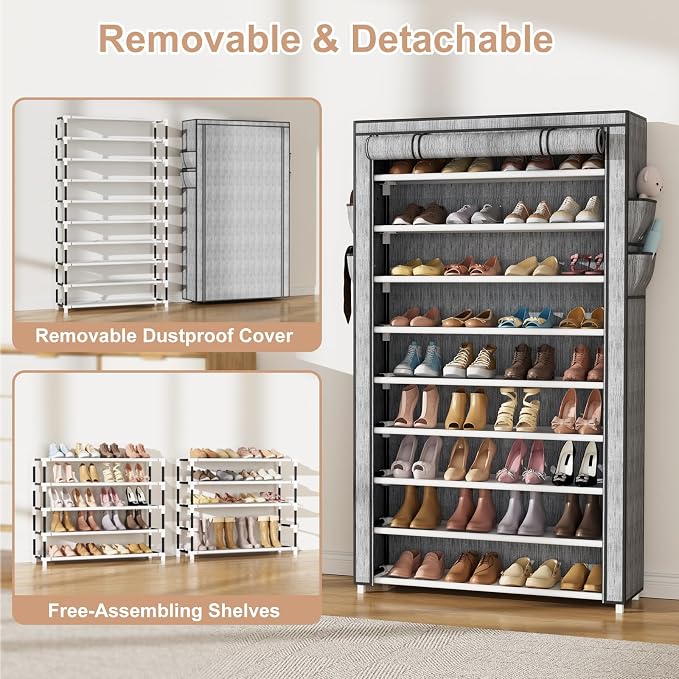VILICK Shoe Rack with Cover Narrow Shoe Organizer with Pockets 10 Tier Tall Shoe Storage Holds 36-41 Pairs Shoes and Boots Shoe Rack for Closet Entryway Garage, Printing - Image 6