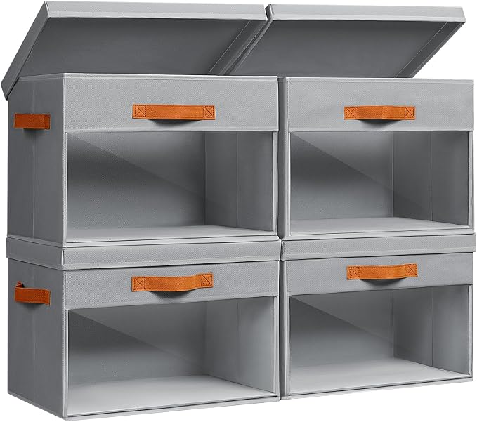 Homsorout Large Storage Bins with Lids - 4 Pack Foldable Decorative Organizers with Clear Windows & Handles, Cube Storage Organizers for Clothes, Blankets, Sweaters, Sheets, Grey by Homsorout