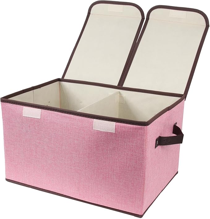 Foldable Fabric Storage Box, 16.5 x 11.8 x 9.8 inches (L x W x H), with Double-Lid & Dividers, Large Organizer for Home, Closet, Office(Pink) by TCbelosion