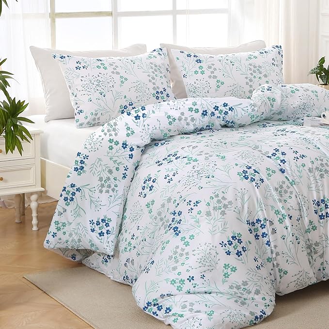 MUXHOMO Blue Flower Bed in a Bag King 7 Pieces, King Comforter Set Reversible Botanical Flowers Design, Ultra Soft & Breathable Bedding Sets with Comforter, Sheets, Pillowcases & Shams