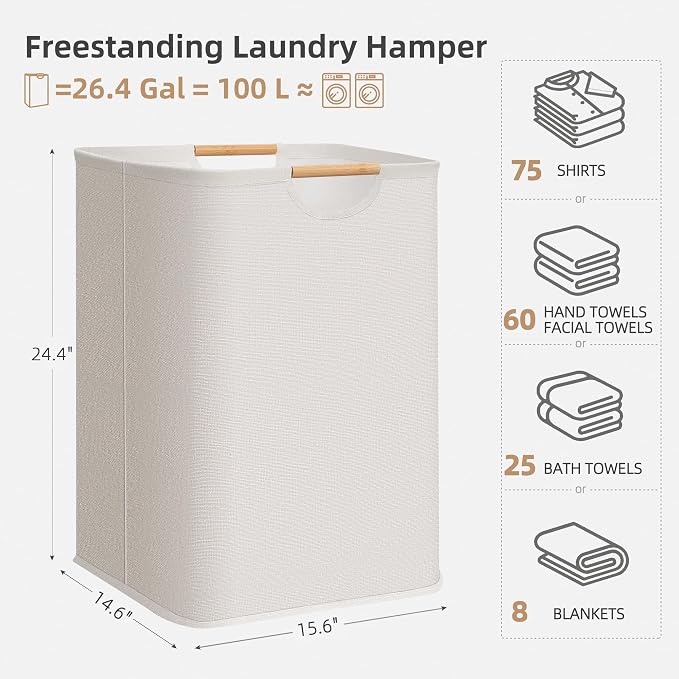 STORAGE MANIAC 1-Pack Large Laundry Hamper, 100L (26.4 Gal) Collapsible Laundry Basket with Bamboo Handles, Freestanding Waterproof Clothes Hamper for Laundry Room, Bedroom, Dorm, Towels, Toys, White - Image 4