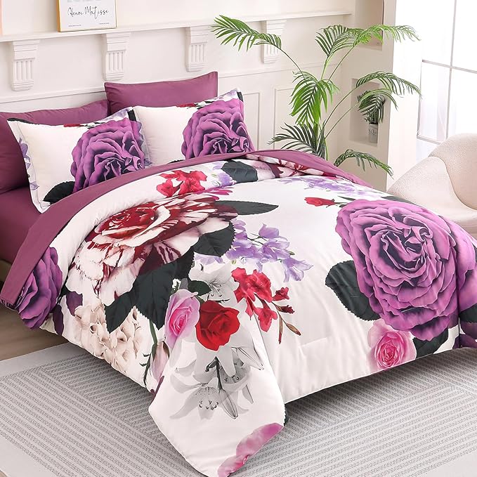 Drucon Purple Floral Comforter Queen Size 7 Pieces Bedding Sets Bed in a Bag, Botanical Floral Comforter with Sheet Set, Soft Microfiber Bedding Set for All Season(Purple, 90"x90")