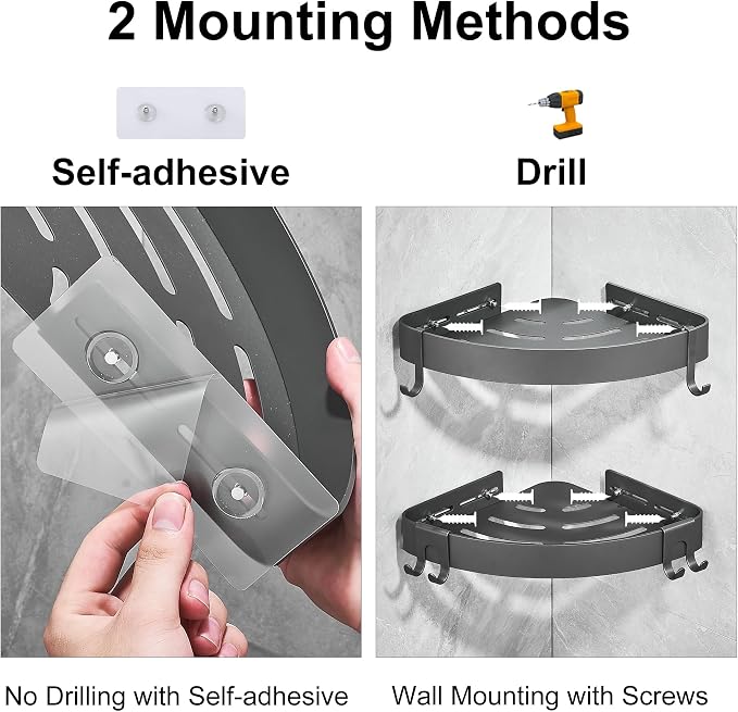 DUFU Adhesive Corner Shower Caddy with Hooks,Bathroom Shower Organizer, No Drilling Rust Proof Aluminum Shower Shelf for Inside Shower 2 Pack (Grey) - Image 4