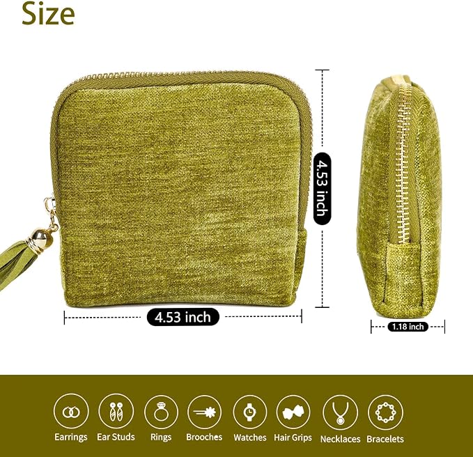 ASINGYER Travel Jewelry Storage Bag for Women, Velvet Portable Jewelry Organizer with Tassel Zipper, Small Pouches for Bracelets Necklaces Rings Earrings, Wedding Gift for Women (Green) - Image 6