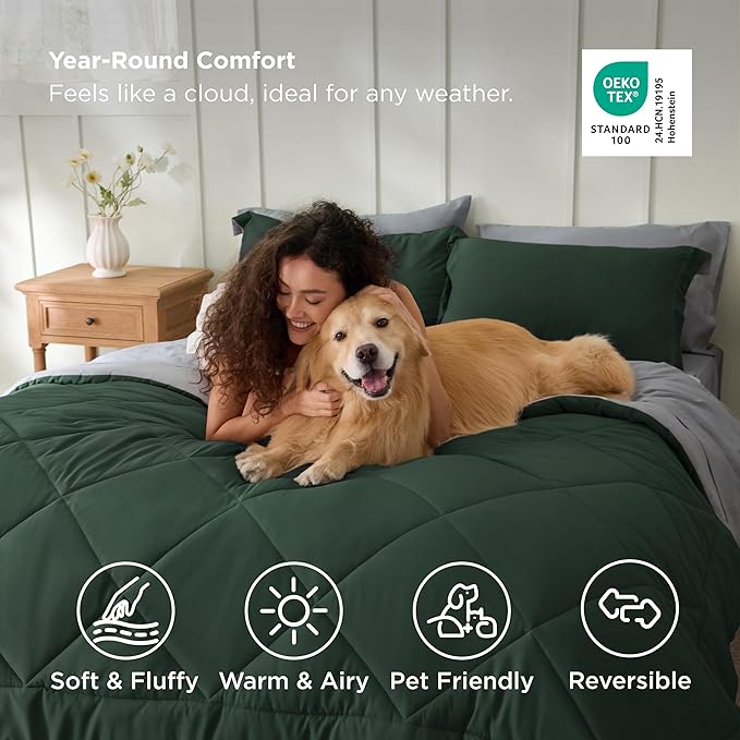 Bedsure Queen Comforter Set - 7 Pieces Reversible Forest Green Bedding, Queen Size Bed Set for All Seasons, Bed in a Bag with Down Alternative Comforter, Sheets, Pillowcases & Shams