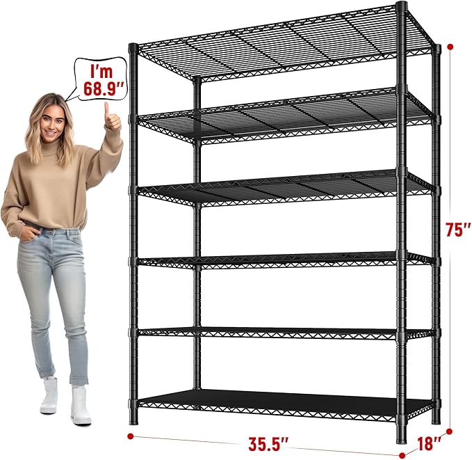 REIBII 6 Tier Wire Shelving,1800LBS Storage Shelves Metal Shelves for Storage Rack,75''H Adjustable Garage Shelving Heavy Duty Shelving Units Pantry Shelf Kitchen,75''HX35.5''WX18''D - Image 3