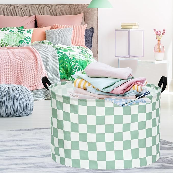 MAIZMZ Sage Checkered Storage Basket Extra Large 80L Kids Hamper Baby Laundry Basket Waterproof Toys Car Organizer Collapsible Canvas for Home/Dorm/Pet/Office/Closet/Shelf/Gift Baskets - Image 4