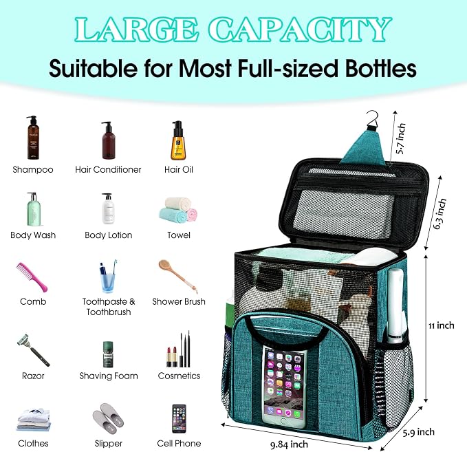Attmu Mesh Shower Caddy Portable Dorm Tote Bag, Quick Dry Hanging Toiletry Bag, Large Capacity Shower Bag for College Dorm Room Essentials for Boys and Girls for Bath Camping (Peacock Green) - Image 2