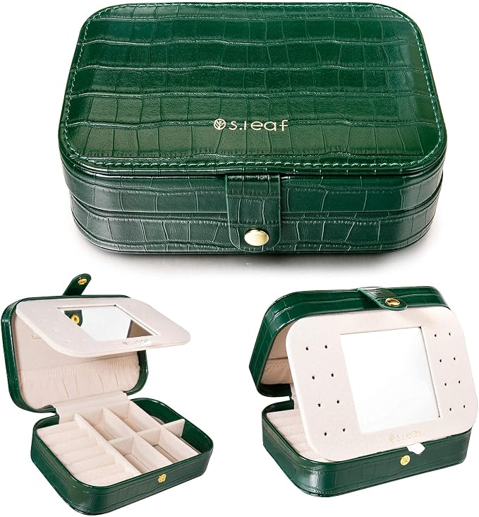 S.Leaf Travel Jewelry Organizer Boxes for Women Small Portable Necklace Earrings Bracelet Rings Travel Case Best Friend Birthday Gifts for Women Trendy (13_Crocodile_Emerald_Big) by SLeaf