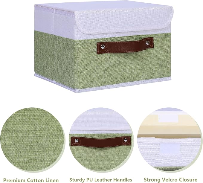 ANMINY 4PCS Storage Boxes with Lid Washable Decorative Storage Bins Basket with PU Leather Handle Foldable Linen Fabric Storage Cubes Containers for Home Closet Organizer - Green White, Small Size - Image 4