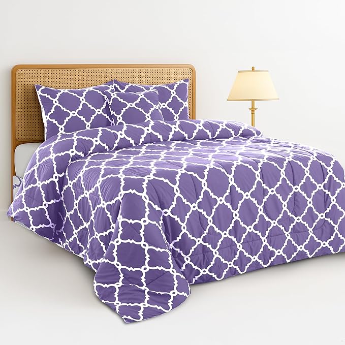 LUX Décor Reversible 5pc Queen Comforter Set, Printed Bedding Set, All-in-One Bed in a Bag, Includes 1 Comforter, 2 Pillow Shams, 1 Decor Pillow & 1 Bed Skirt (Quatrefoil Lavender,Queen)
