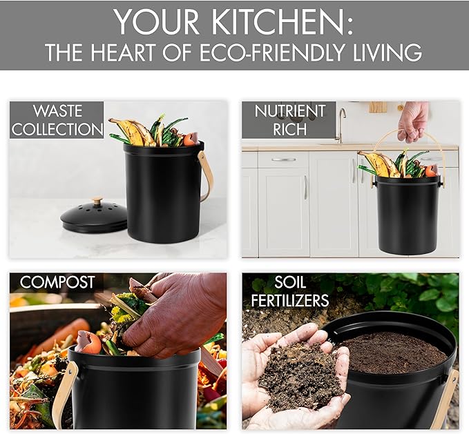 Beautiful Kitchen Compost Bin with Smell Proof Lid - Rust Proof and Odorless Compost Bucket for Your Countertop with No Smell Filters - Easy to Clean 1.1 Gallon Bin Looks Great On Any Kitchen Counter - Image 7