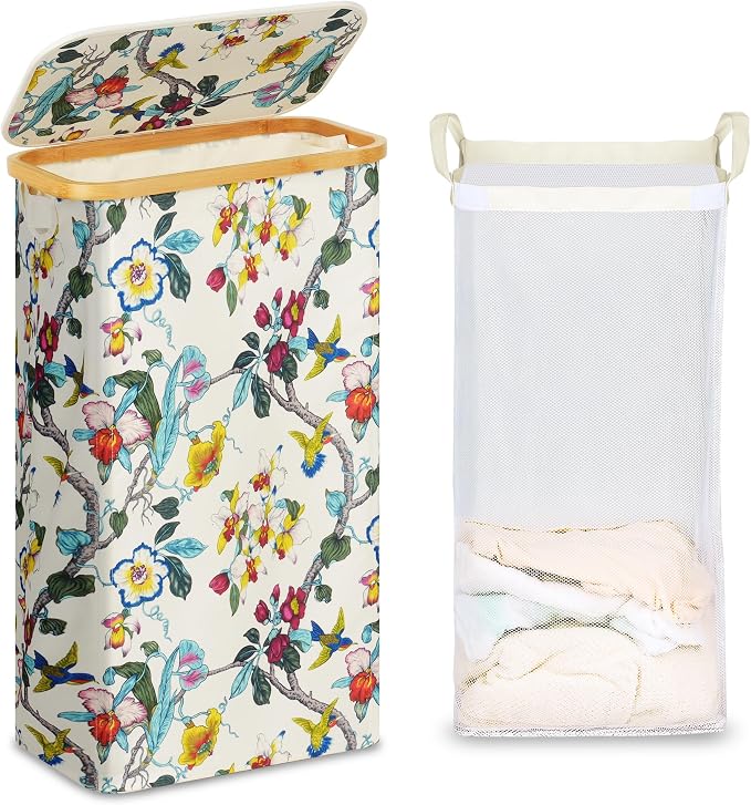 efluky Slim Laundry Basket with Lid, Narrow Laundry Hamper with Removable Bag, Skinny Dirty Clothes Basket with Bamboo Handles for Bathroom, Bedroom & Laundry Room, 75L Floral by efluky