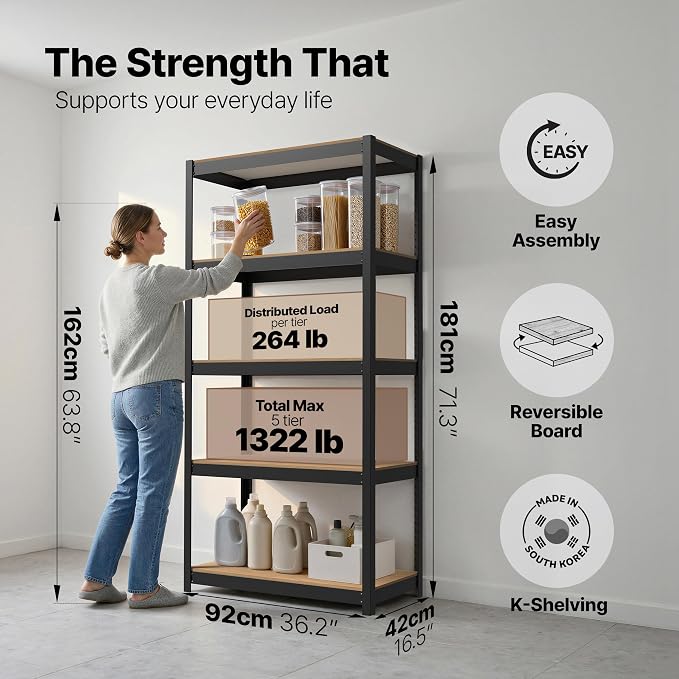 HOMEDANT House 36.2" W 5 Tier Heavy Duty Garage Shelving Adjustable Metal Rack Storage Shelves Standing Shelf Unit Organizers Pantry Closet Office Black 2Pack - Image 2
