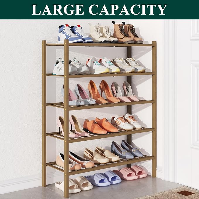 Smiry Bamboo Shoe Rack for Closet, 5 Tier Wooden Stackable Shoe Organizer, Free Standing Shoes Storage Shelf for Entryway, Front Door Entrance, Walnut - Image 5