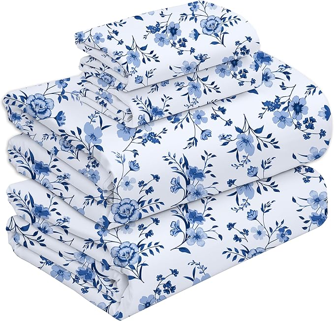 RUVANTI 100% Cotton Sheets – Full Size Percale Bedding, Cooling & Breathable Floral Design, Durable with a Crisp, Soft & Comfortable Feel, 16" Deep Pocket, 4-Piece Set, Annual