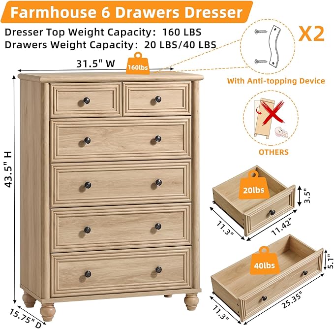 RWYHG Farmhouse 6 Drawer Dresser, 15.75"D x 31.5"W x 43.5"H Chest of Drawers for Bedroom, Natural Tall Dresser with 4 Solid Wood Feet, Wood Storage Dressers Organizer for Living Room Hallway Closet