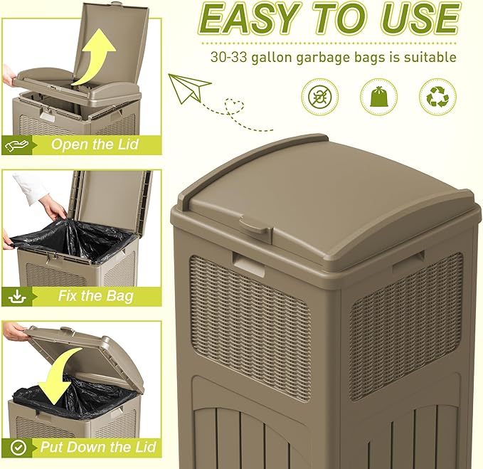 Greesum 33 Gallon Resin Outdoor Trash Can with Lid, Waterproof Resin Garbage Bin for Hideaway, Patio, Deck, 3 Pack, Light Brown - Image 2