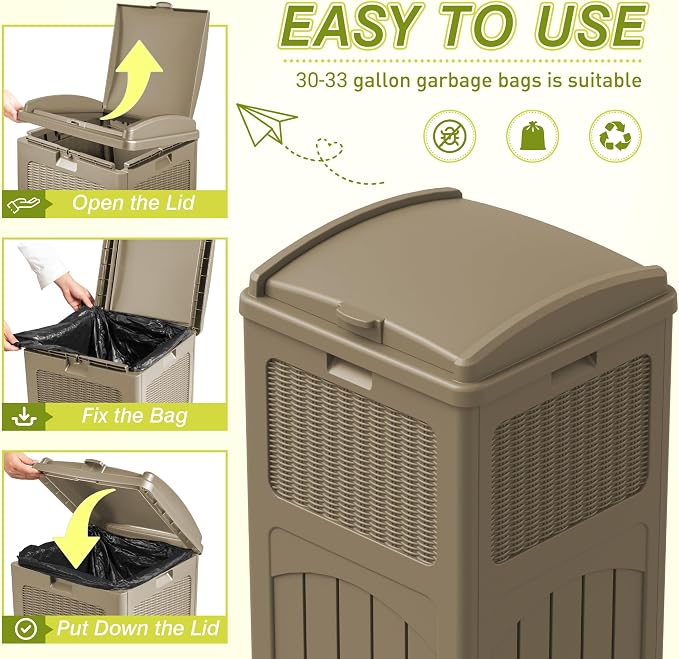 Greesum 33 Gallon Outdoor Trash Can with Lid (2-Pack), Heavy Duty Resin Garbage Bin, Waterproof & UV Resistant for Patio, Garden, Deck, Yard, Light Coffee - Image 2