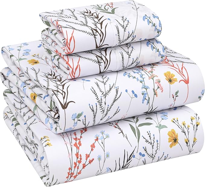 RUVANTI 100% Cotton Sheets – Queen Size Percale Bedding, Cooling & Breathable Floral Design, Durable with a Crisp, Soft & Comfortable Feel, 16" Deep Pocket, 4-Piece Set, Aroma
