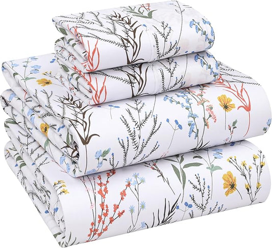 RUVANTI 100% Cotton Sheets – Queen Size Percale Bedding, Cooling & Breathable Floral Design, Durable with a Crisp, Soft & Comfortable Feel, 16" Deep Pocket, 4-Piece Set, Aroma