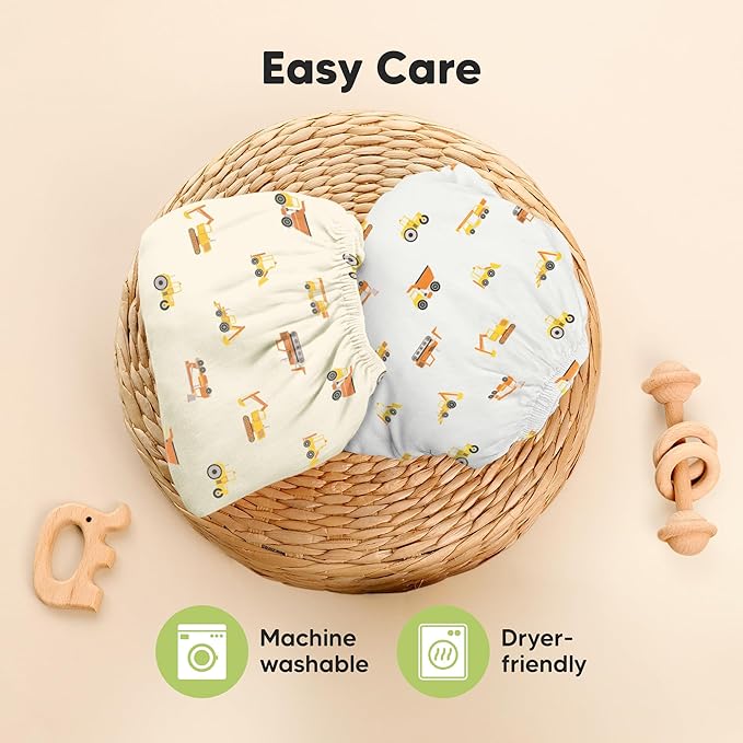 Pack and Play Sheets Fitted - 2-Pack Mini Crib Sheets for Pack N Play Mattress 38x26, Soft & Cozy, Neutral Toddler Playard Bedding, Snug Fitted Mini Baby Crib Mattress Cover Boy, Girl (Construction)