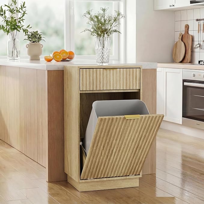 Tilt-Out Trash Cabinet with 10-Gallon Capacity, Walnut Laundry Hamper Cabinet, 34.3 x 19 x 13.8 inches, Wave-Textured Front. - Image 8