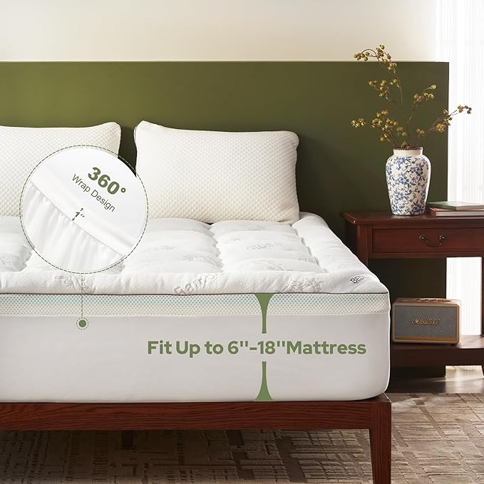 BEDLORE 4 Inch Memory Foam Mattress Topper Queen,2-in-1 Dual Layer Design (2" Gel Memory Foam + 2" Plush Pillow Top Cover) Mattress Topper Medium-Firm,Pressure Relief & Back Pain Support(White)