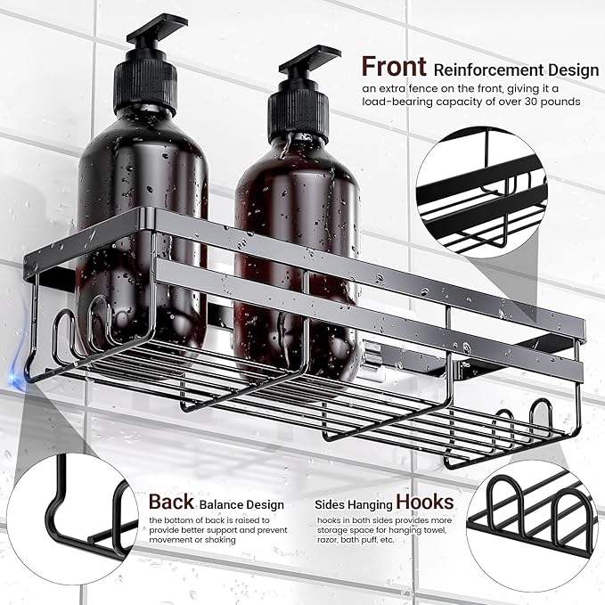 WOWBOX Shower Caddies 2 Pack - Adhesive Hanging Shower Shelf - Bathroom & Kitchen Organizers and Storage, No Drilling Stainless Shower Shelves for Home Decor Storage (Large), Black - Image 4