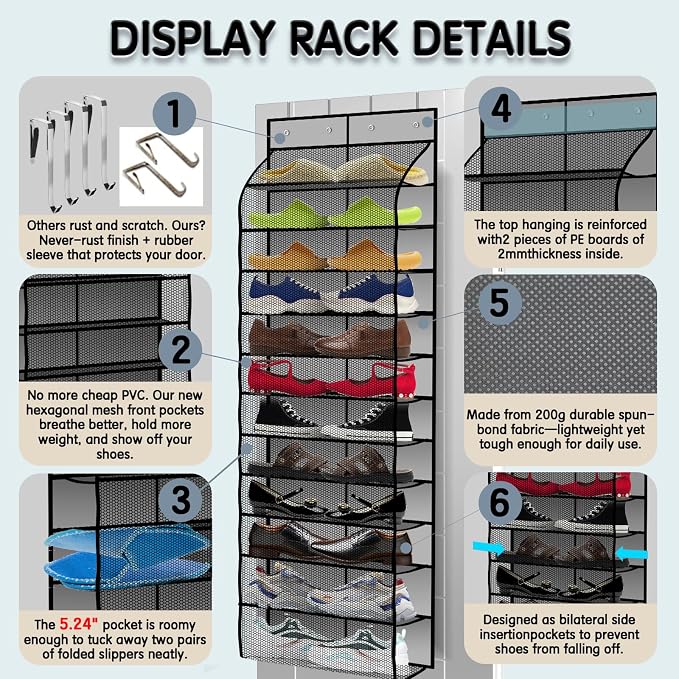 Kotkn Over The Door Shoe Organizer with 12 Large Breathable Pockets - Durable Hanging Storage for the Entire Family's Shoes (Gray) - Image 3