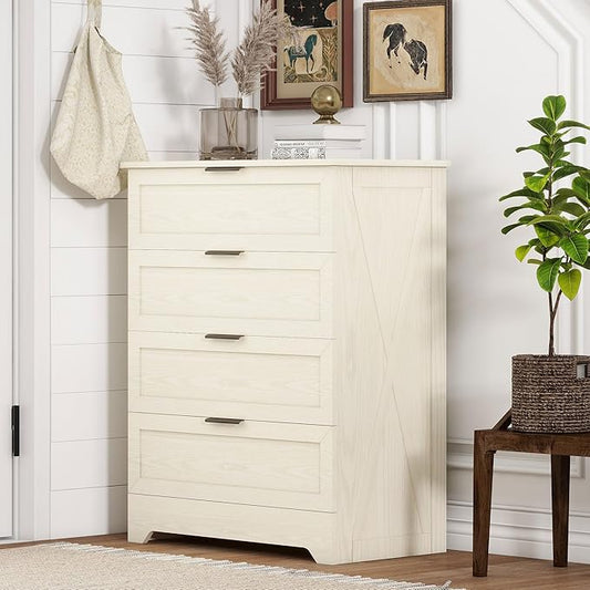 FTZxHKLX 4 Drawer Dresser for Bedroom, Tall Bedroom Dresser with Large Drawer & Black Handles, Wooden Storage Organizer Cabinet Chest of Drawer for Closet, Living Room, Hallway, Light Oak
