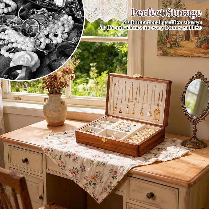 Travel Jewelry Case Small Wood Jewelry Organizer Jewelry Box for Women (Nut-Brown Print E) - Image 5