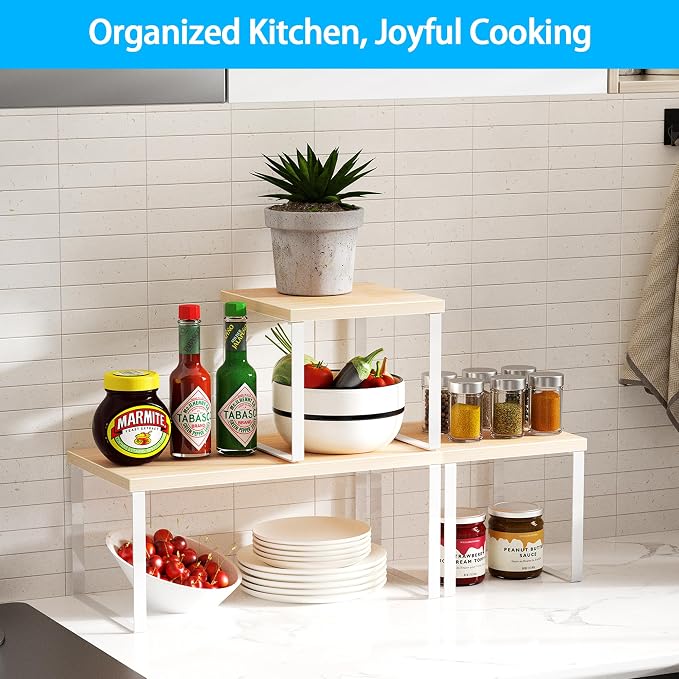 Golener Countertop Organizer Corner Shelf, 2 Tier Adjustable Stackable Corner Shelves for Kitchen, Bathroom, Spice Rack, Coffee Bar, Cabinet, Dresser Table, Corner Counter Shelf Stand, Natural Beige - Image 2