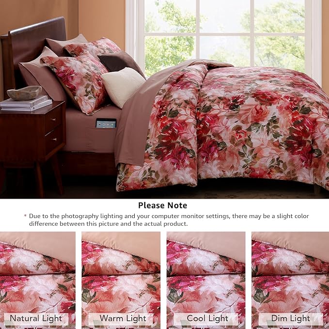 CASAAGUSTO Full Comforter Set, 7 PCS Red Rose Floral Comforter Set with Flowers Leaves Pattern, Soft Seersucker Design All Season Full Size Bedding Set(80"X90")