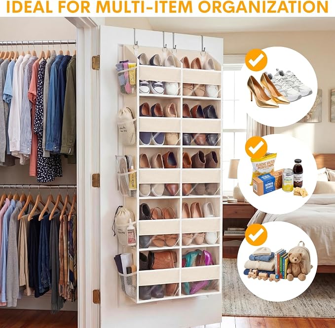 2 Pack Over the Door Organizer 5 Tiers, Extra Large Behind Door Storage of 10 Compartments, 80 lbs Weight Capacity Over Door Organizer, Door Hanging Organizer for Closet, Diaper Organizer, Beige - Image 5