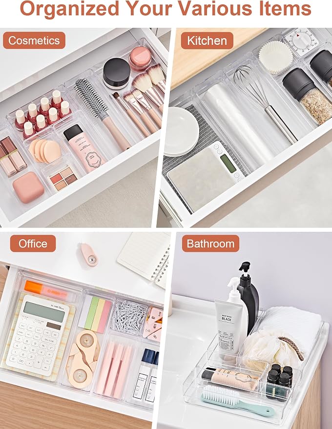 SMARTAKE 37-Piece Drawer Organizer with Non-Slip Silicone Pads, 4-Size Desk Drawer Organizer Trays Storage Tray for Makeup, Jewelries, Utensils in Bedroom Dresser, Office and Kitchen (Clear) - Image 6