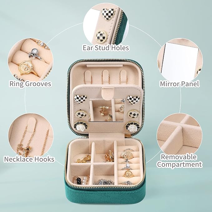Dajasan Velvet Travel Jewelry Box, Mini Travel Jewelry Case, Small Portable Travel Jewelry Organizer with Mirror for Women Girls (Green) - Image 4
