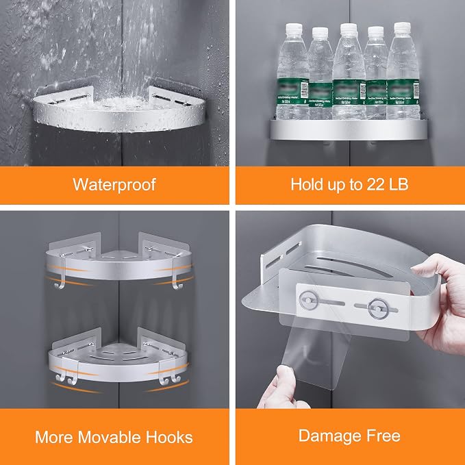 DUFU Adhesive Corner Shower Caddy with Hooks,Bathroom Shower Organizer, No Drilling Rust Proof Aluminum Shower Shelf for Inside Shower 2 Pack (Silver) - Image 3