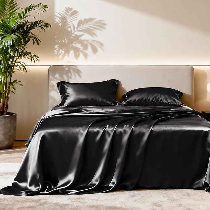 Love's cabin California King Satin Sheet Sets - 4 Piece Black Silky Sheets Bed Set with Deep Pocket, Luxury Silk Feel Satin Cal King Sheet Set (1 Flat Sheet,1 Fitted Sheet,2 Pillow Cases)