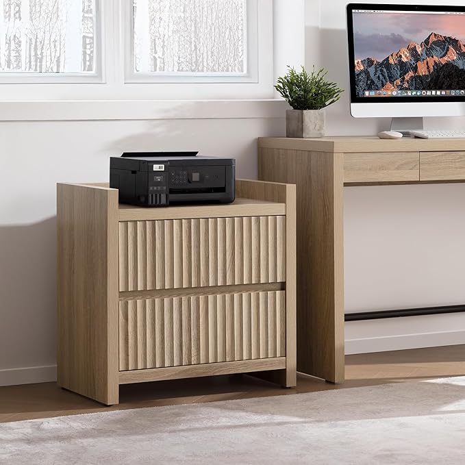 SICOTAS Night Stand Fluted Nightstands with Charging Station- Modern 2 Drawers Nightstand 25" Tall Bedside Table End Table, Large Night Stands for Bedroom, Sofa Side (Light Oak, 1 Piece)
