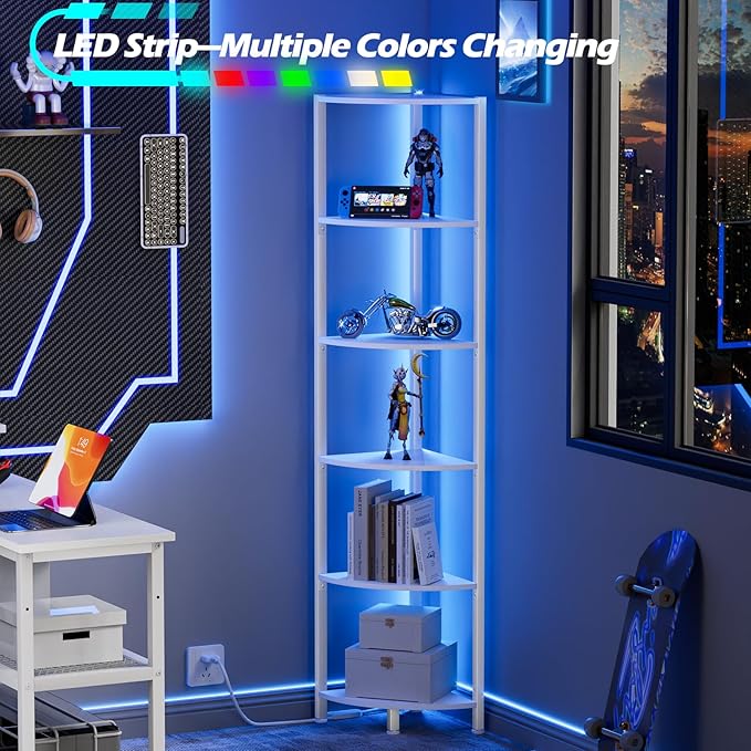 Furnulem 6 Tier Corner Shelf with LED Light, 67.5” Tall Standing Shelf Organizer, White Narrow Bookshelf with Storage Rack for Wall Corner, Living Room, Bedroom, Metal Frame, Wood Display Shelf - Image 5