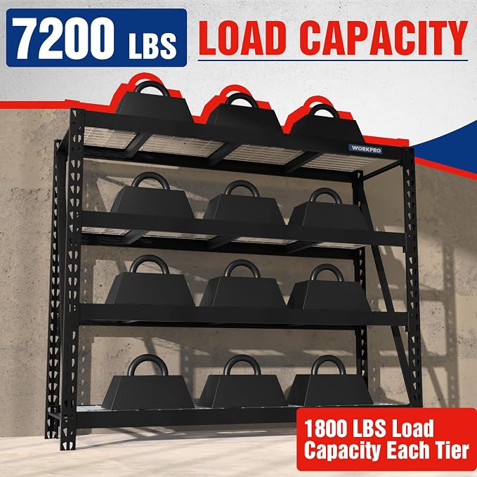 WORKPRO Garage Shelving, 68"W x 24"D x 65"H, 7200 LBS Load, Heavy Duty Metal Shelves for Storage, Industrial Shelving Storage Rack for Warehouse Kitchen Shop Basement, Black, Pack of 1 - Image 4