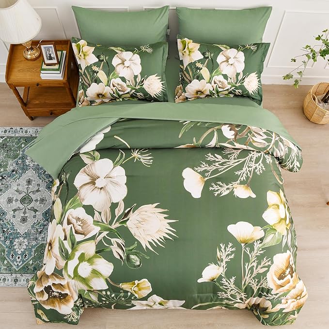 Luxudecor Floral Comforter Set King Size 7 Piece, Olive Green Flower Bed in a Bag, Elegant Comforter Bedding Set for All Season (Olive Green, 104"x90")
