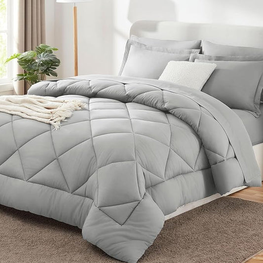 CozyLux Oversized Queen Comforter Set Light Grey, 7 Pieces Bed in a Bag Comforter Set with Sheets Luxury Bed Set All Seasons, Bedding Set with Down Alternative Comforter, Sheets, Pillowcases & Shams