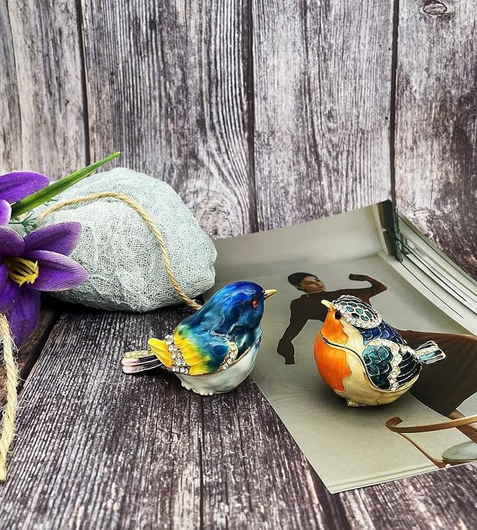 JWT Astyle Blue Mountain Bird Hinged Trinket Box with Crystal Stones .Animal Jewelry Box.Necklace Rings Earrings Storage.Bird Figurines Home Decor,Collectible Trinket Boxes Gift ., Blue Yellow - Image 7